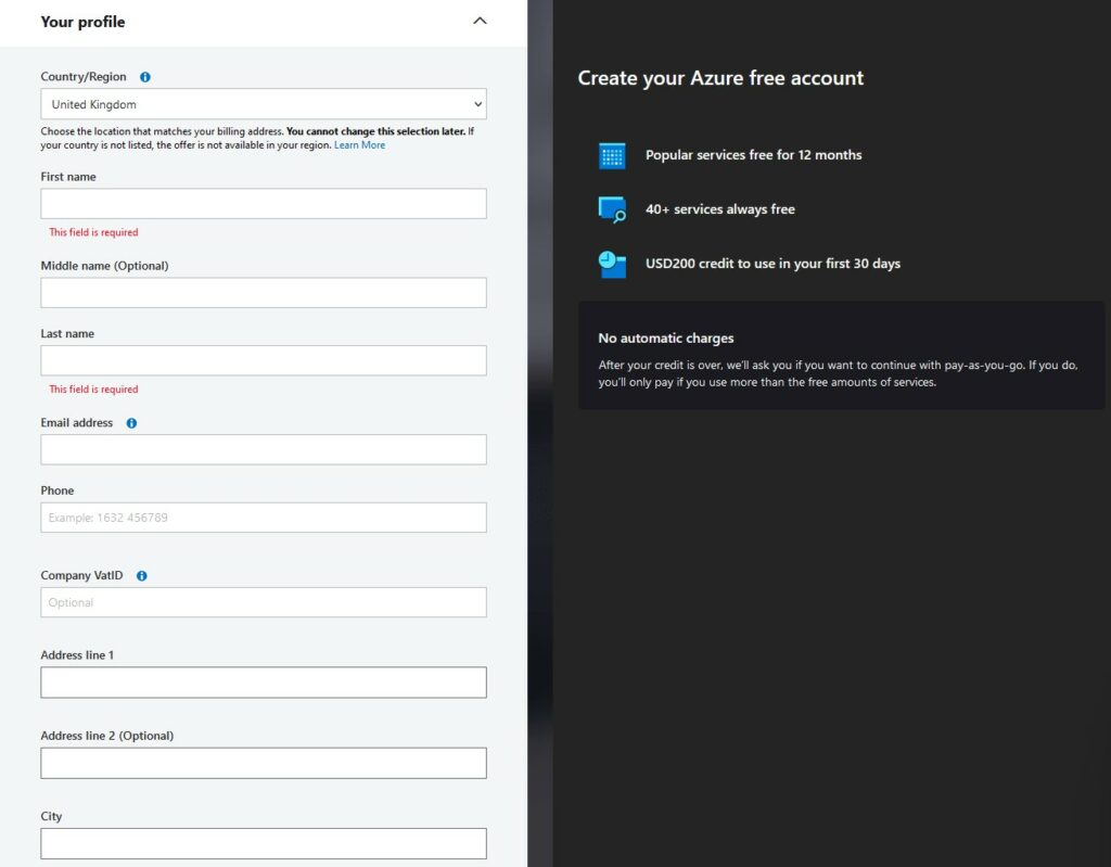 Azure Account Creation screenshot