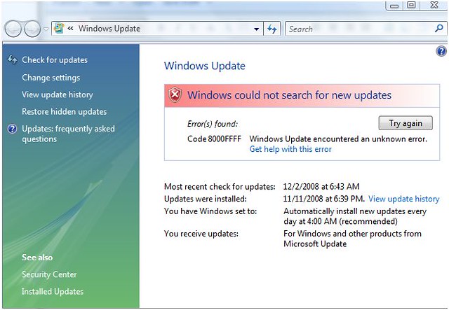 Window which says that the latest Windows update cannot be installed.