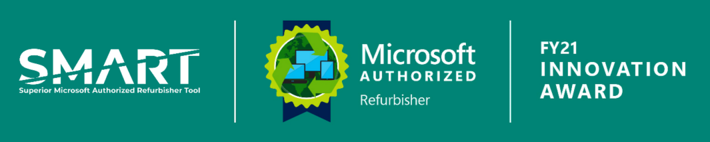 SMART logo, the Superior Microsoft Authorized Refurbisher Tool. Microsoft Authorized Refurbisher accreditation for SMART. FY21 Microsoft Innovation award, won by SMART. With a Green background.