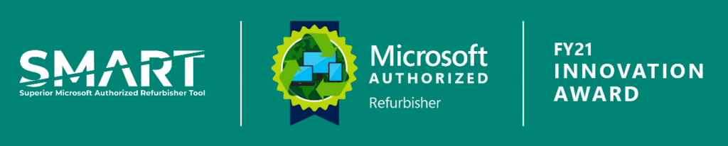 Three logos: SMART logo. Logo for a Microsoft Authorized Refurbisher. Microsoft FY 2021 Innovation Award.