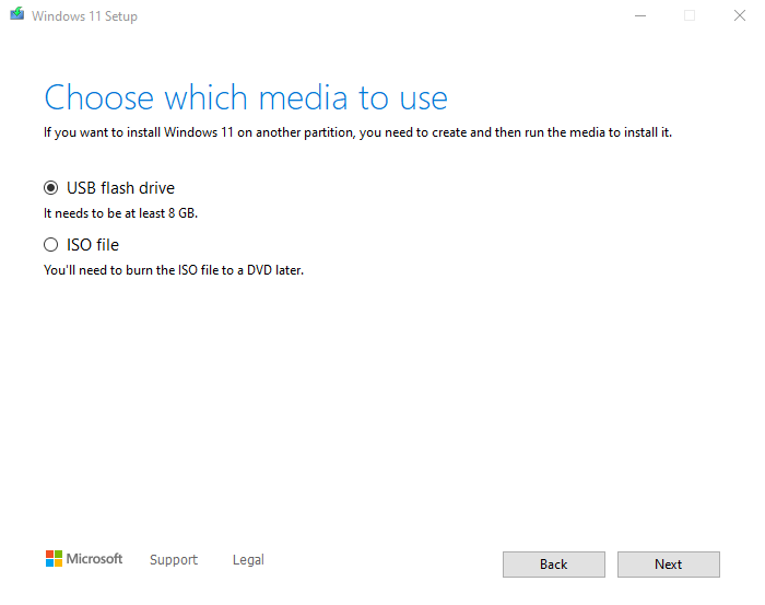 Choose which media to use for the Windows Media Creation Tool.