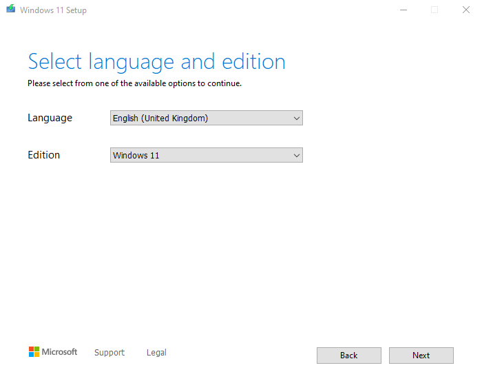 Chose the language and the edition of Windows on the Media Creation Tool.