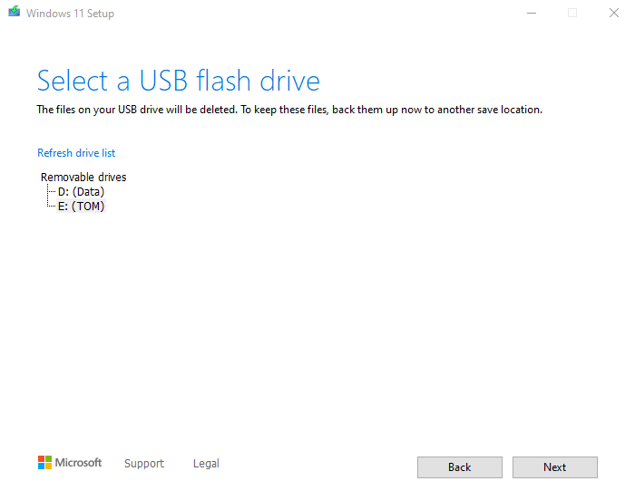 Select the USB flash drive onto which you will add the Windows Image.