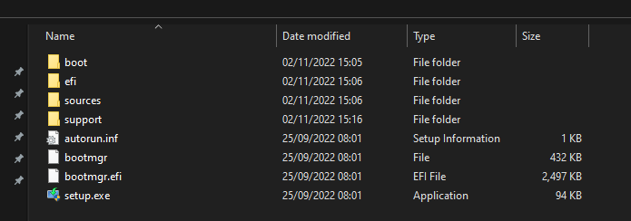 Screenshot of the USB files after the Media Creation Tool has created the Windows Image.